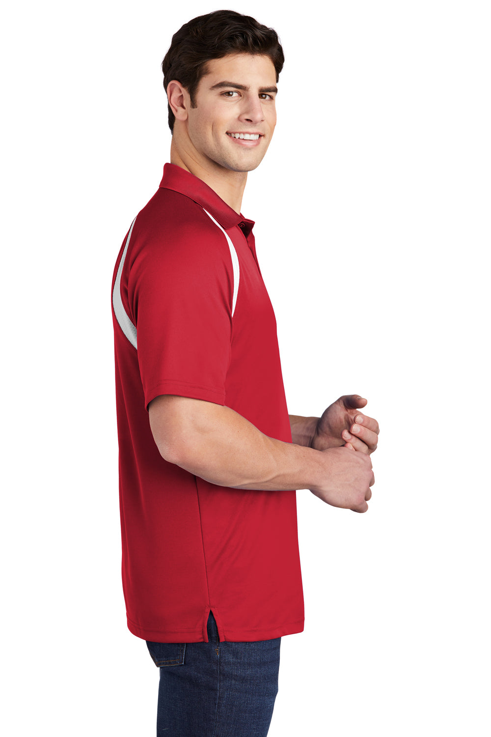 Sport-Tek T476 Mens Dry Zone Moisture Wicking Short Sleeve Polo Shirt True Red/White Model Side