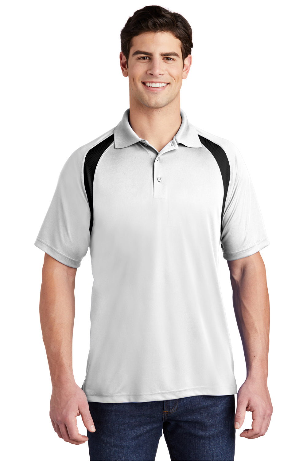 Sport-Tek T476 Mens Dry Zone Moisture Wicking Short Sleeve Polo Shirt White/Black Model Front