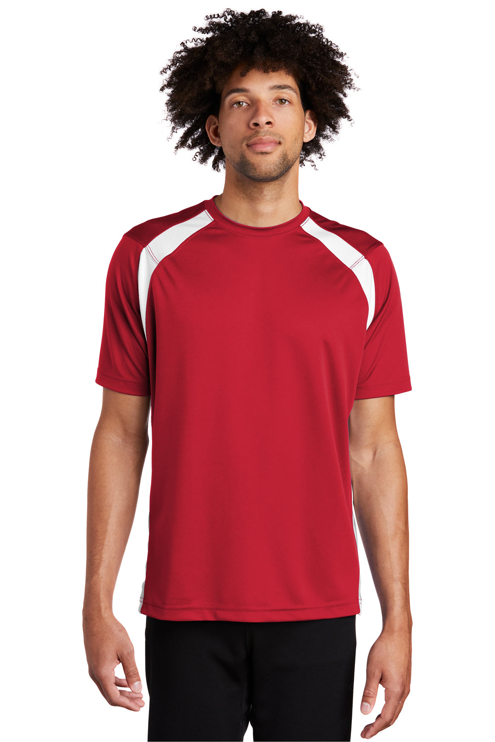 Sport-Tek T478 Mens Dry Zone Moisture Wicking Short Sleeve Crewneck T-Shirt True Red/White Model Front