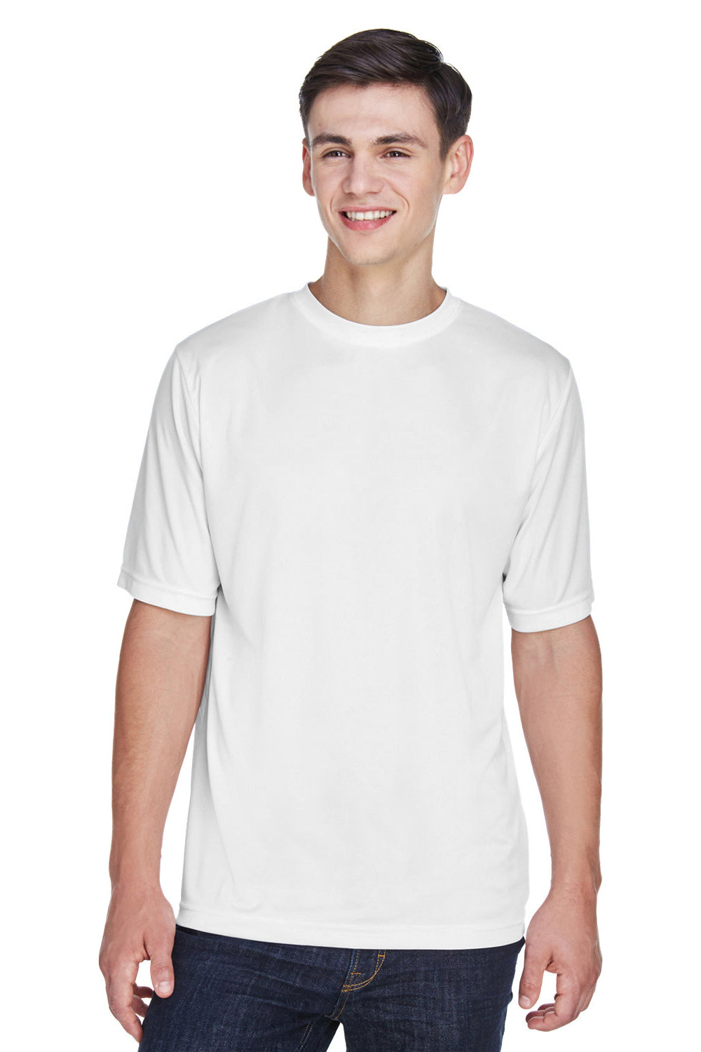 Team 365 TT11 Mens Zone Performance Moisture Wicking Short Sleeve Crewneck T-Shirt White Model Front