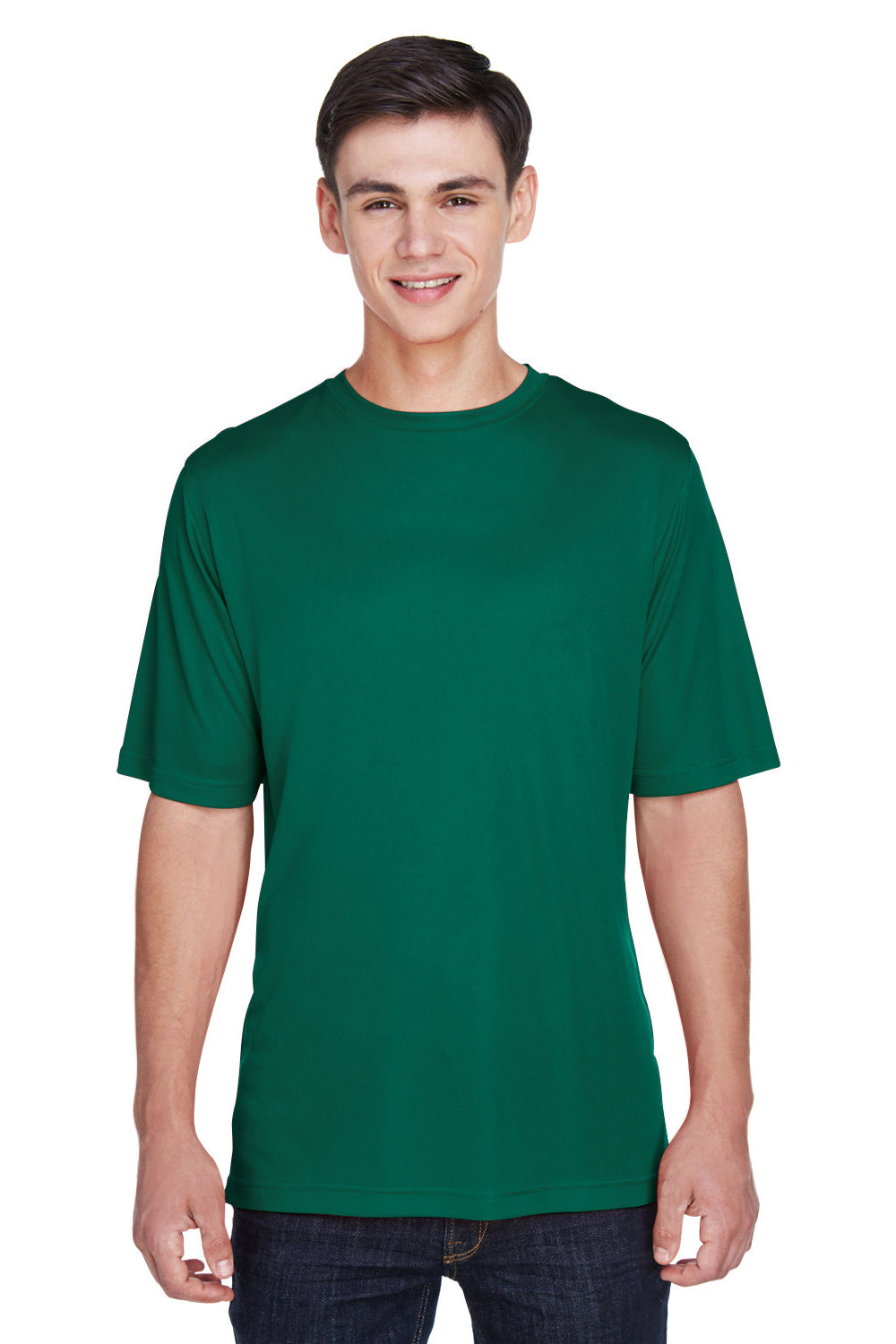 Team 365 TT11 Mens Zone Performance Moisture Wicking Short Sleeve Crewneck T-Shirt Forest Green Model Front