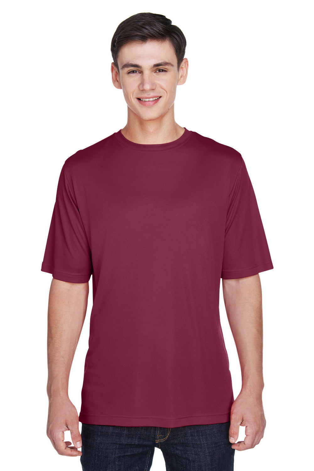 Team 365 TT11 Mens Zone Performance Moisture Wicking Short Sleeve Crewneck T-Shirt Maroon Model Front