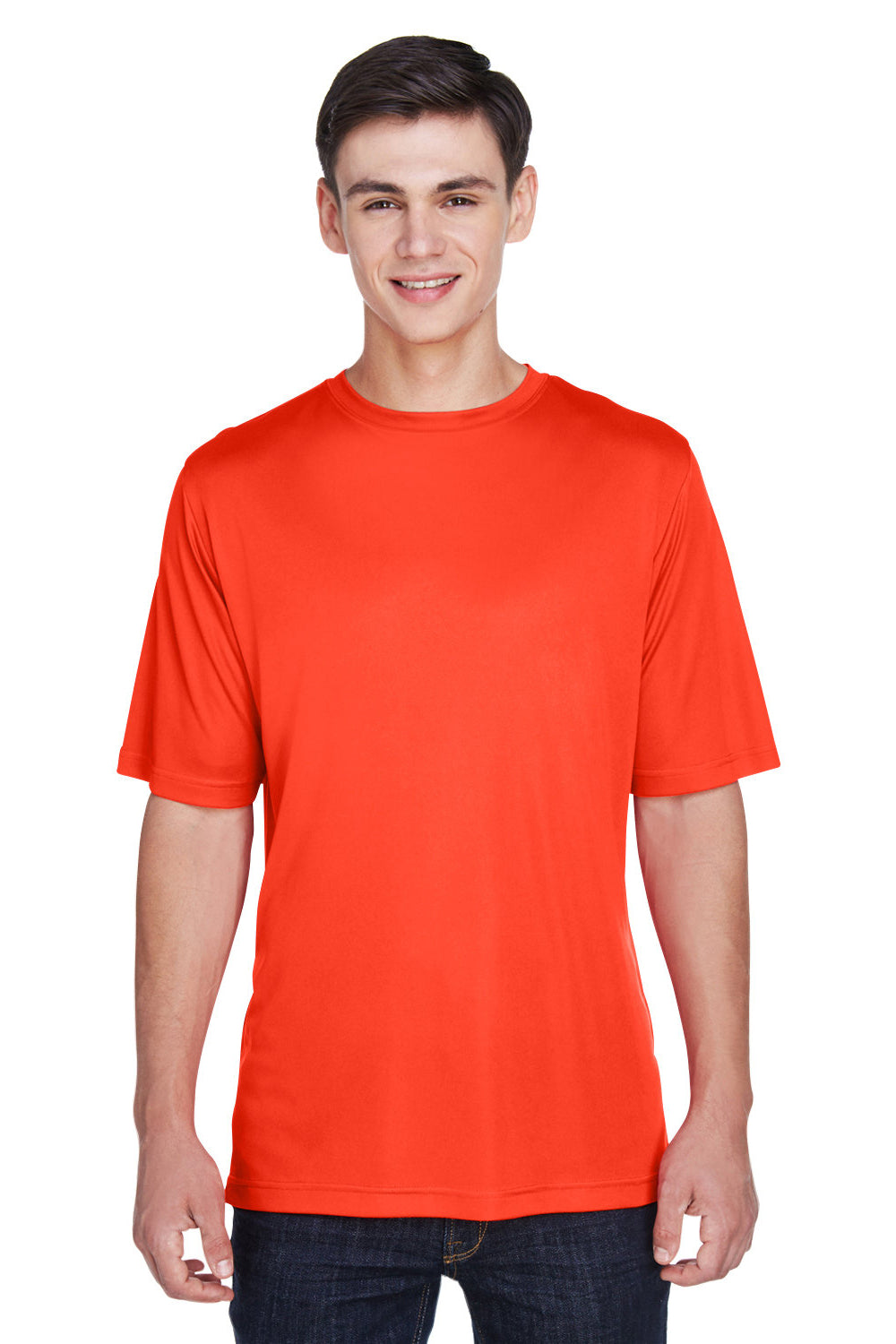 Team 365 TT11 Mens Zone Performance Moisture Wicking Short Sleeve Crewneck T-Shirt Orange Model Front