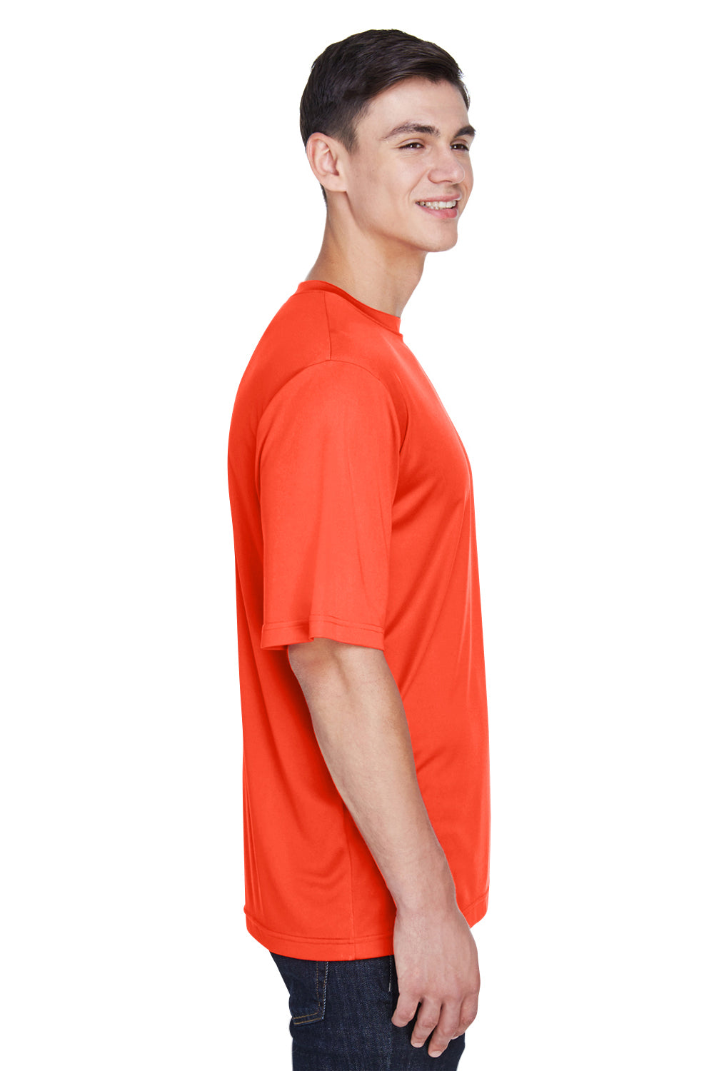 Team 365 TT11 Mens Zone Performance Moisture Wicking Short Sleeve Crewneck T-Shirt Orange Model Side