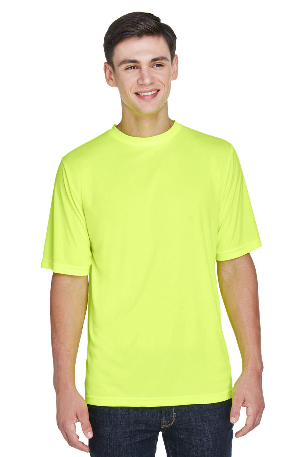 Team 365 TT11 Mens Zone Performance Moisture Wicking Short Sleeve Crewneck T-Shirt Safety Yellow Model Front