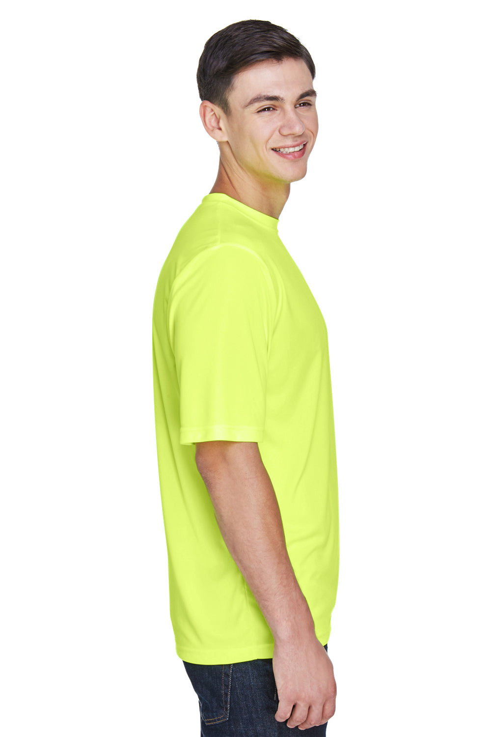 Team 365 TT11 Mens Zone Performance Moisture Wicking Short Sleeve Crewneck T-Shirt Safety Yellow Model Side