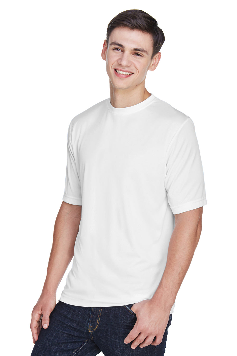 Team 365 TT11 Mens Zone Performance Moisture Wicking Short Sleeve Crewneck T-Shirt White Model 3q