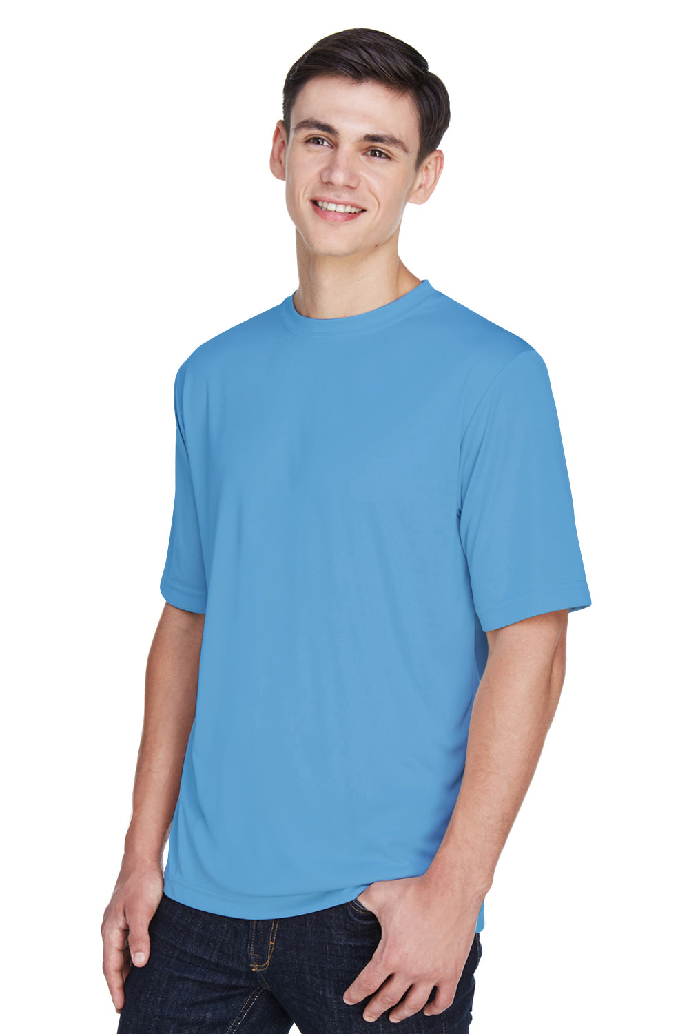 Team 365 TT11 Mens Zone Performance Moisture Wicking Short Sleeve Crewneck T-Shirt Light Blue Model 3q