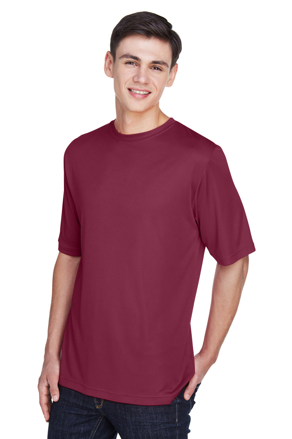 Team 365 TT11 Mens Zone Performance Moisture Wicking Short Sleeve Crewneck T-Shirt Maroon Model 3q