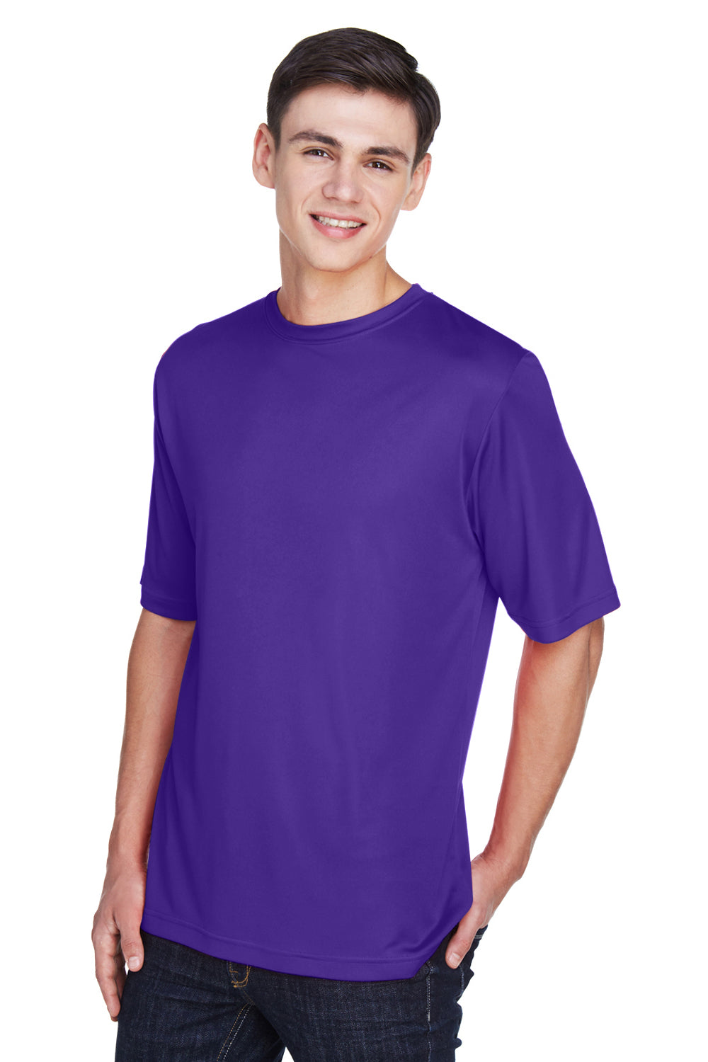 Team 365 TT11 Mens Zone Performance Moisture Wicking Short Sleeve Crewneck T-Shirt Purple Model 3q