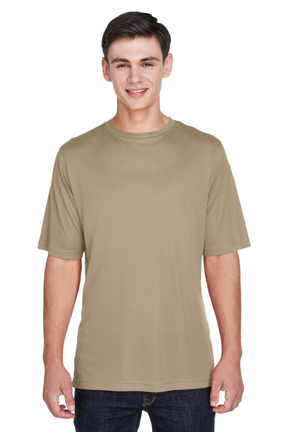 Team 365 TT11 Mens Zone Performance Moisture Wicking Short Sleeve Crewneck T-Shirt Desert Khaki Model Front