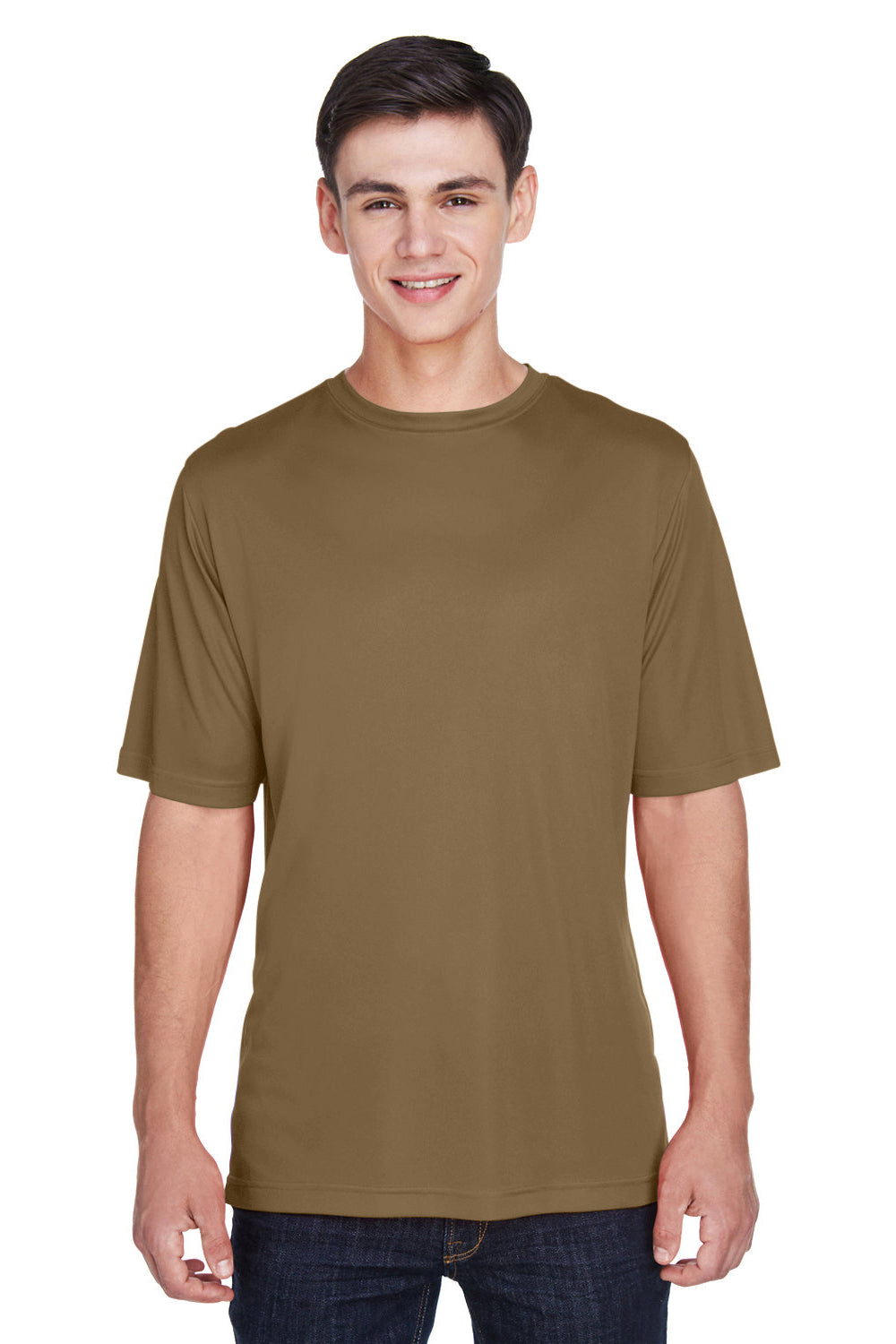 Team 365 TT11 Mens Zone Performance Moisture Wicking Short Sleeve Crewneck T-Shirt Coyote Brown Model Front