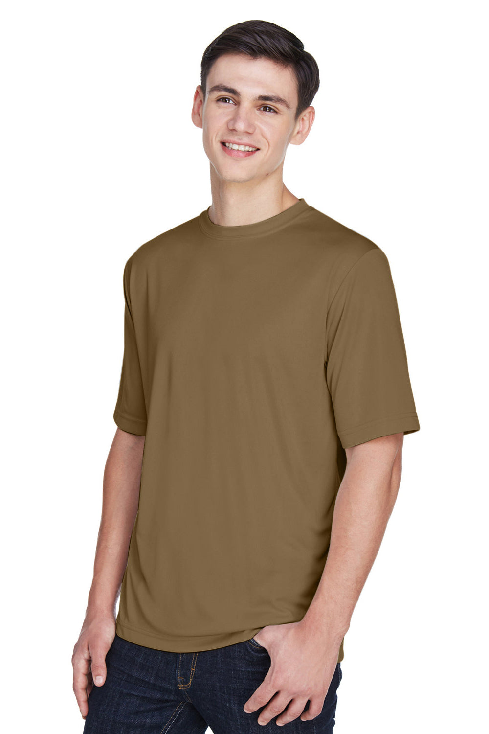 Team 365 TT11 Mens Zone Performance Moisture Wicking Short Sleeve Crewneck T-Shirt Coyote Brown Model 3q