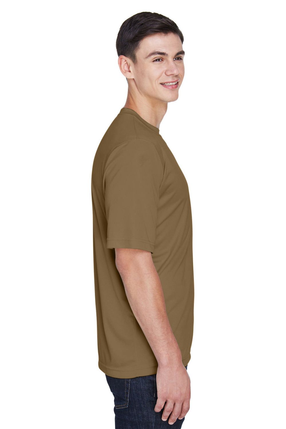 Team 365 TT11 Mens Zone Performance Moisture Wicking Short Sleeve Crewneck T-Shirt Coyote Brown Model Side