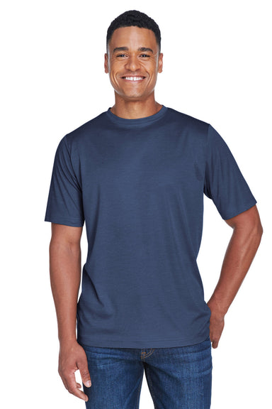 Team 365 TT11H Mens Sonic Performance Heather Moisture Wicking Short Sleeve Crewneck T-Shirt Heather Dark Navy Blue Model Front