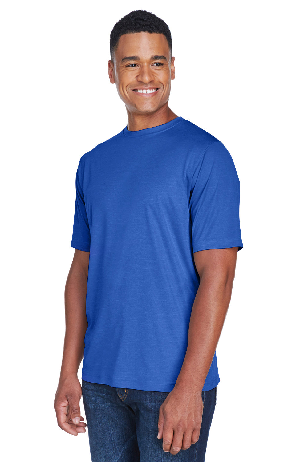 Team 365 TT11H Mens Sonic Performance Heather Moisture Wicking Short Sleeve Crewneck T-Shirt Heather Royal Blue Model 3q