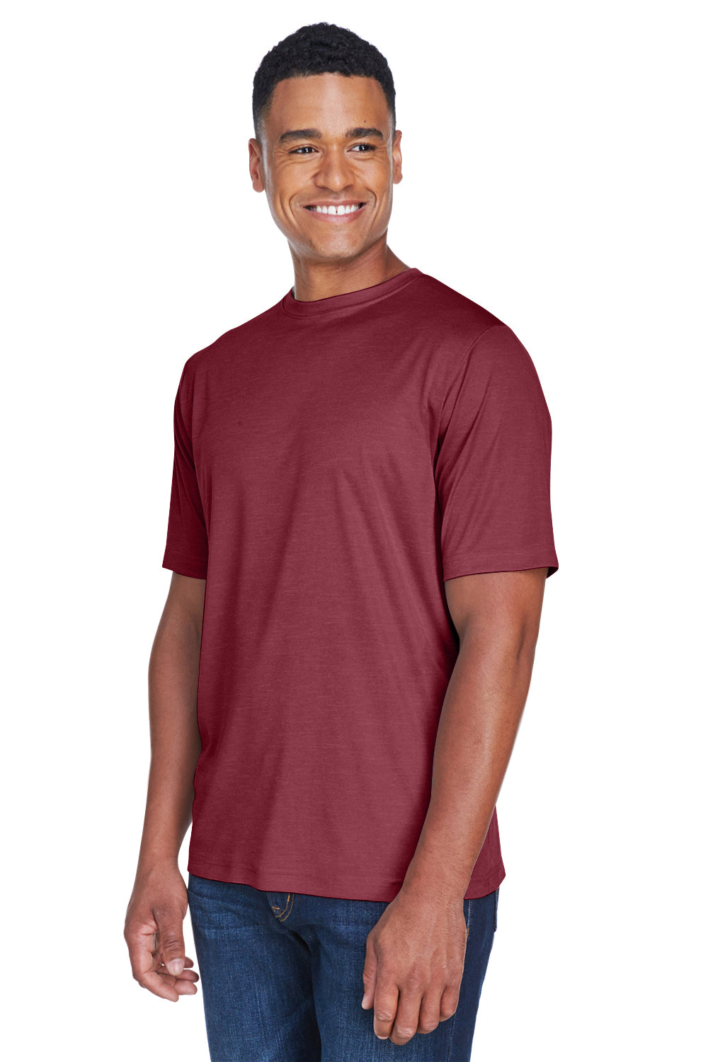 Team 365 TT11H Mens Sonic Performance Heather Moisture Wicking Short Sleeve Crewneck T-Shirt Heather Maroon Model 3q