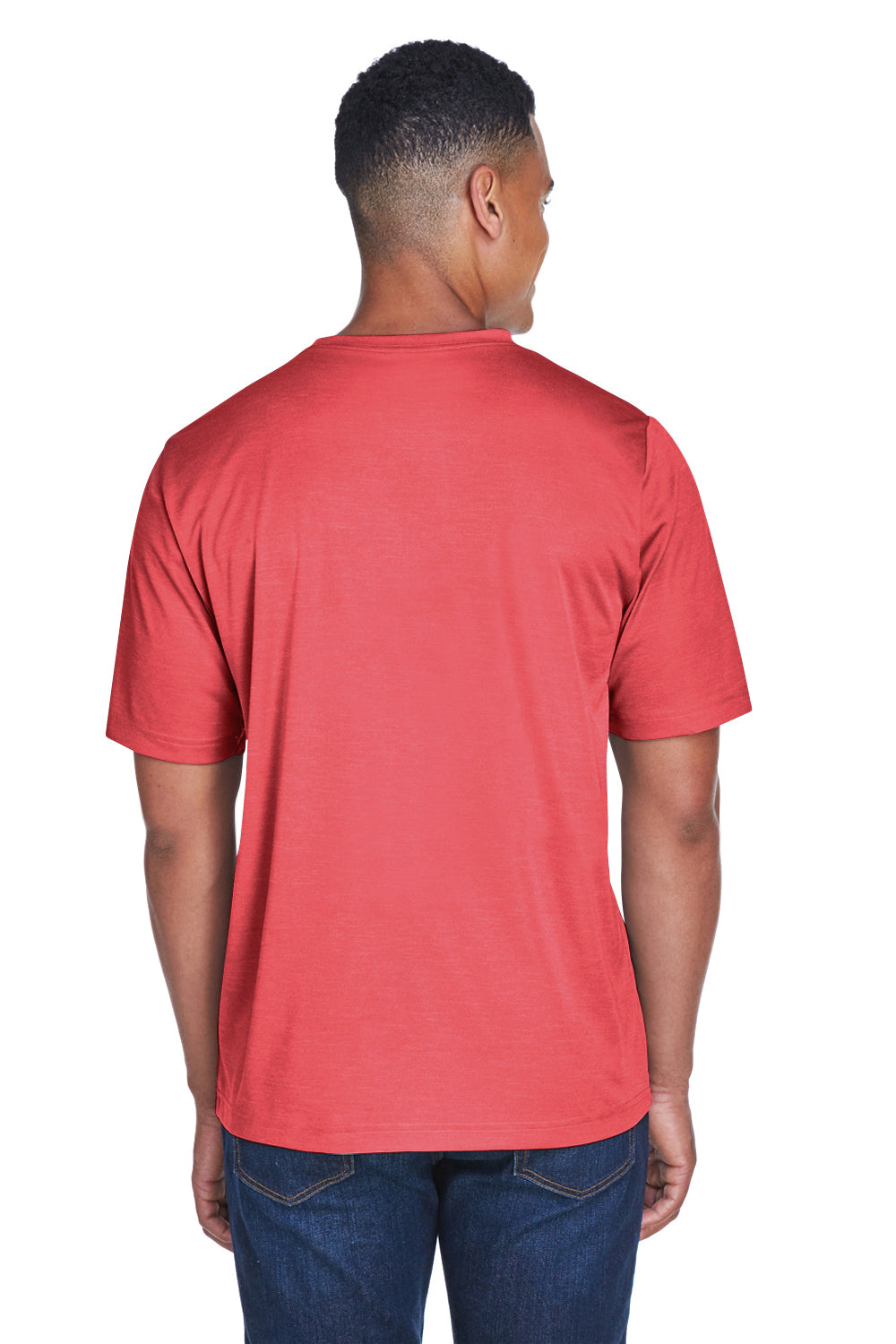 Team 365 TT11H Mens Sonic Performance Heather Moisture Wicking Short Sleeve Crewneck T-Shirt Heather Red Model Back