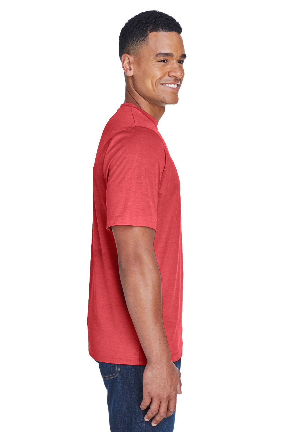 Team 365 TT11H Mens Sonic Performance Heather Moisture Wicking Short Sleeve Crewneck T-Shirt Heather Red Model Side