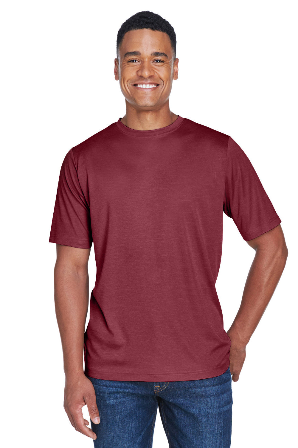 Team 365 TT11H Mens Sonic Performance Heather Moisture Wicking Short Sleeve Crewneck T-Shirt Heather Maroon Model Front