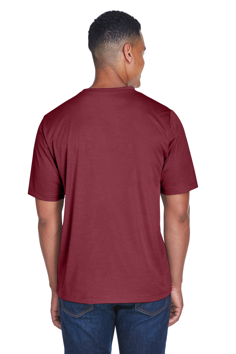 Team 365 TT11H Mens Sonic Performance Heather Moisture Wicking Short Sleeve Crewneck T-Shirt Heather Maroon Model Back