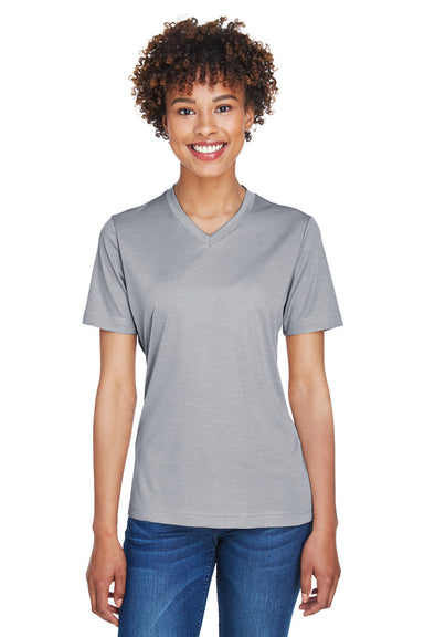 Team 365 TT11HW Womens Sonic Performance Heather Moisture Wicking Short Sleeve V-Neck T-Shirt Heather Grey Model Front