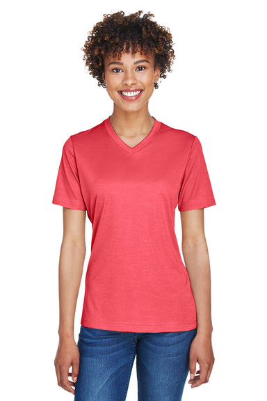 Team 365 TT11HW Womens Sonic Performance Heather Moisture Wicking Short Sleeve V-Neck T-Shirt Heather Red Model Front