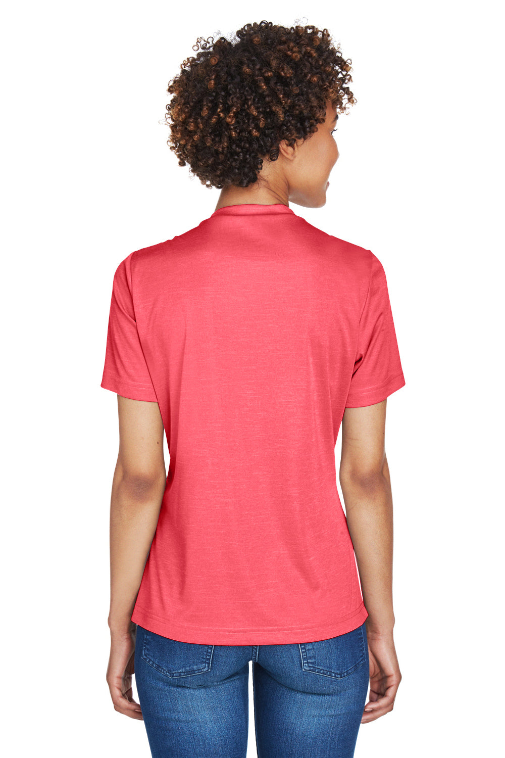 Team 365 TT11HW Womens Sonic Performance Heather Moisture Wicking Short Sleeve V-Neck T-Shirt Heather Red Model Back