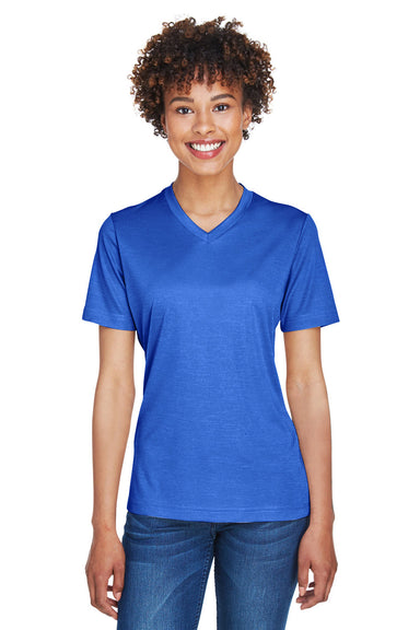 Team 365 TT11HW Womens Sonic Performance Heather Moisture Wicking Short Sleeve V-Neck T-Shirt Heather Royal Blue Model Front