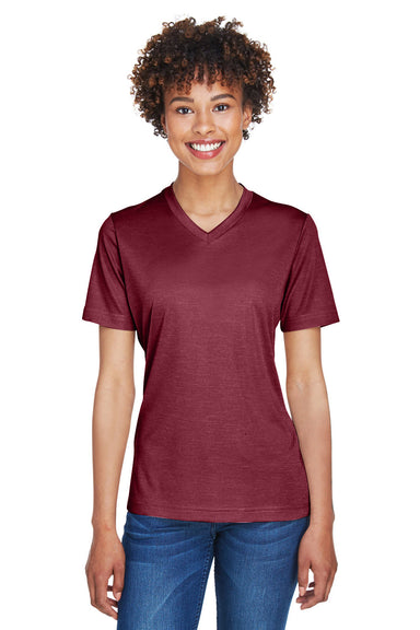 Team 365 TT11HW Womens Sonic Performance Heather Moisture Wicking Short Sleeve V-Neck T-Shirt Heather Maroon Model Front