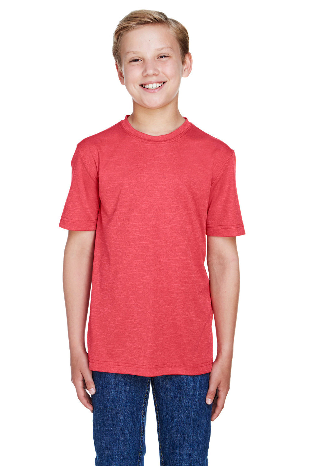 Team 365 TT11HY Youth Sonic Performance Heather Moisture Wicking Short Sleeve Crewneck T-Shirt Heather Red Model Front