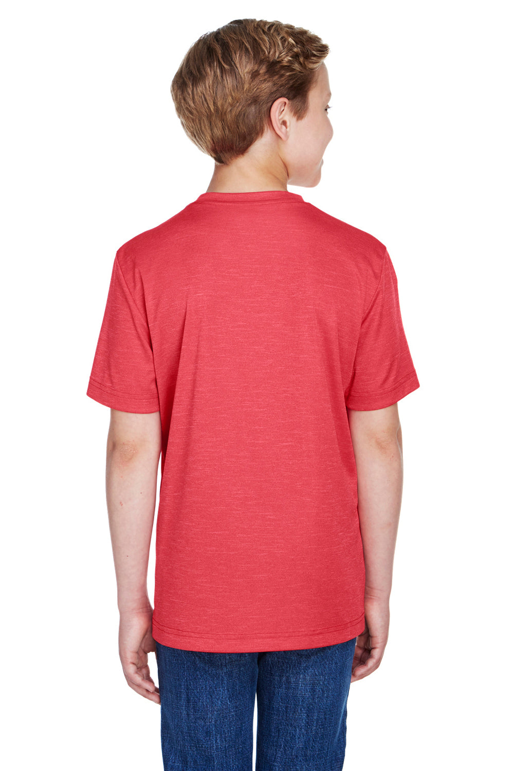 Team 365 TT11HY Youth Sonic Performance Heather Moisture Wicking Short Sleeve Crewneck T-Shirt Heather Red Model Back