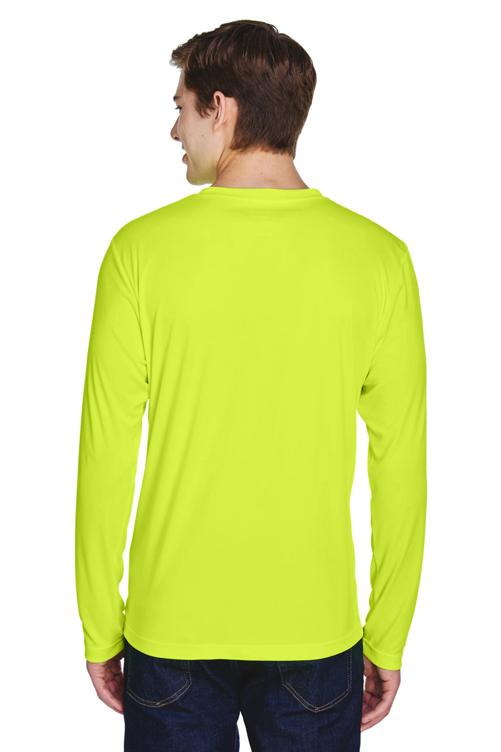 Team 365 TT11L Mens Zone Performance Moisture Wicking Long Sleeve Crewneck T-Shirt Safety Yellow Model Back