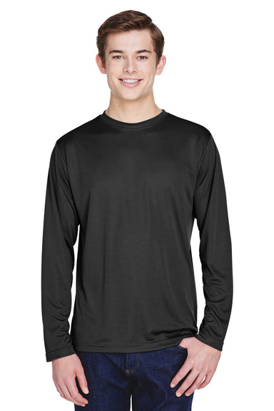 Team 365 TT11L Mens Zone Performance Moisture Wicking Long Sleeve Crewneck T-Shirt Black Model Front