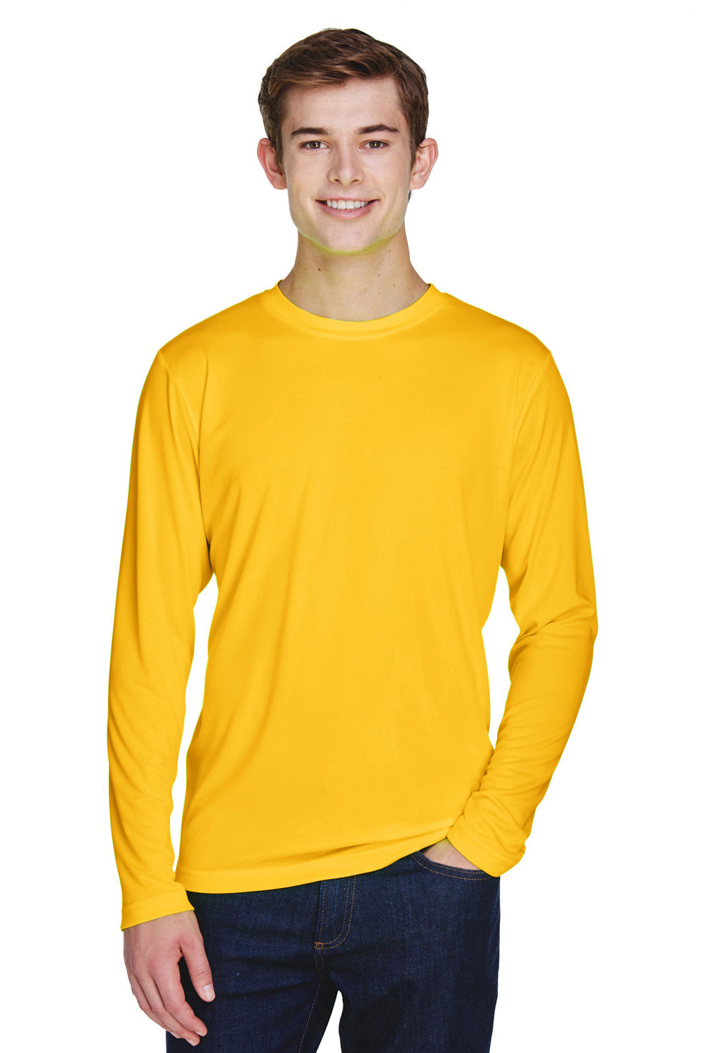 Team 365 TT11L Mens Zone Performance Moisture Wicking Long Sleeve Crewneck T-Shirt Athletic Gold Model Front