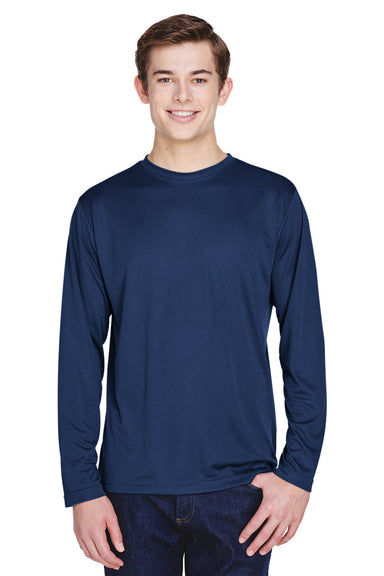 Team 365 TT11L Mens Zone Performance Moisture Wicking Long Sleeve Crewneck T-Shirt Dark Navy Blue Model Front