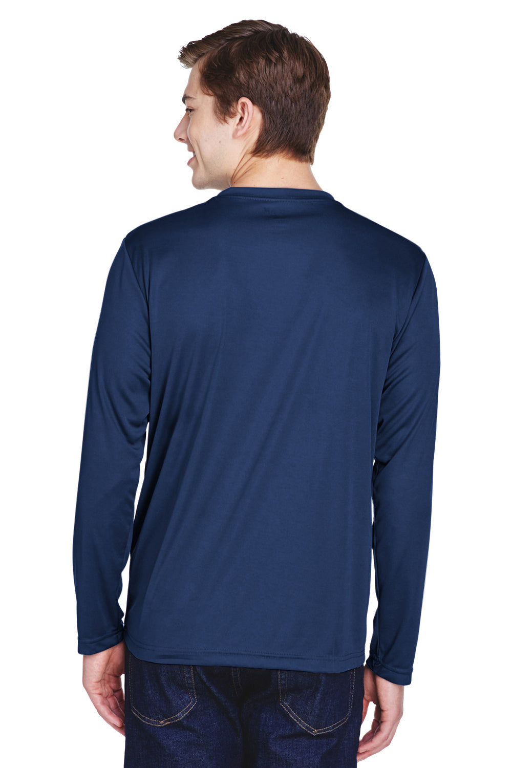 Team 365 TT11L Mens Zone Performance Moisture Wicking Long Sleeve Crewneck T-Shirt Dark Navy Blue Model Back