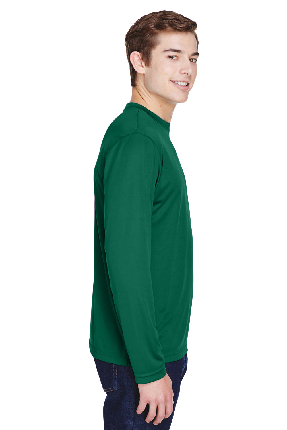 Team 365 TT11L Mens Zone Performance Moisture Wicking Long Sleeve Crewneck T-Shirt Forest Green Model Side