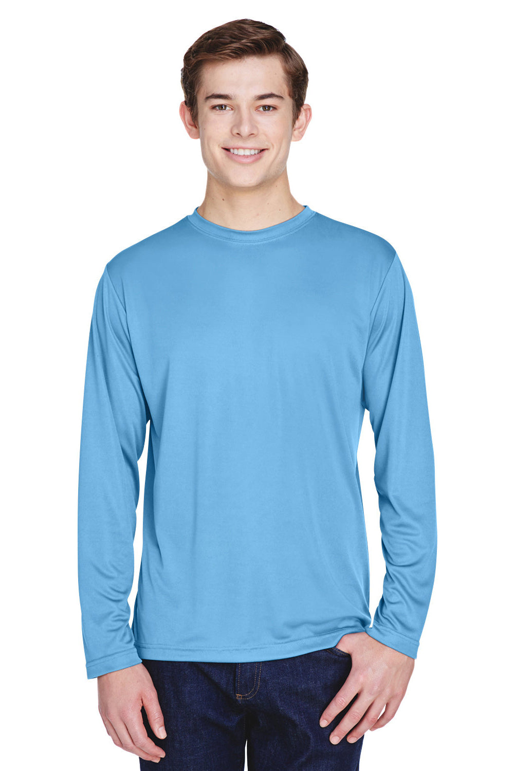 Team 365 TT11L Mens Zone Performance Moisture Wicking Long Sleeve Crewneck T-Shirt Light Blue Model Front