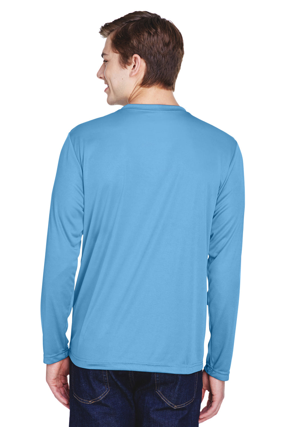 Team 365 TT11L Mens Zone Performance Moisture Wicking Long Sleeve Crewneck T-Shirt Light Blue Model Back