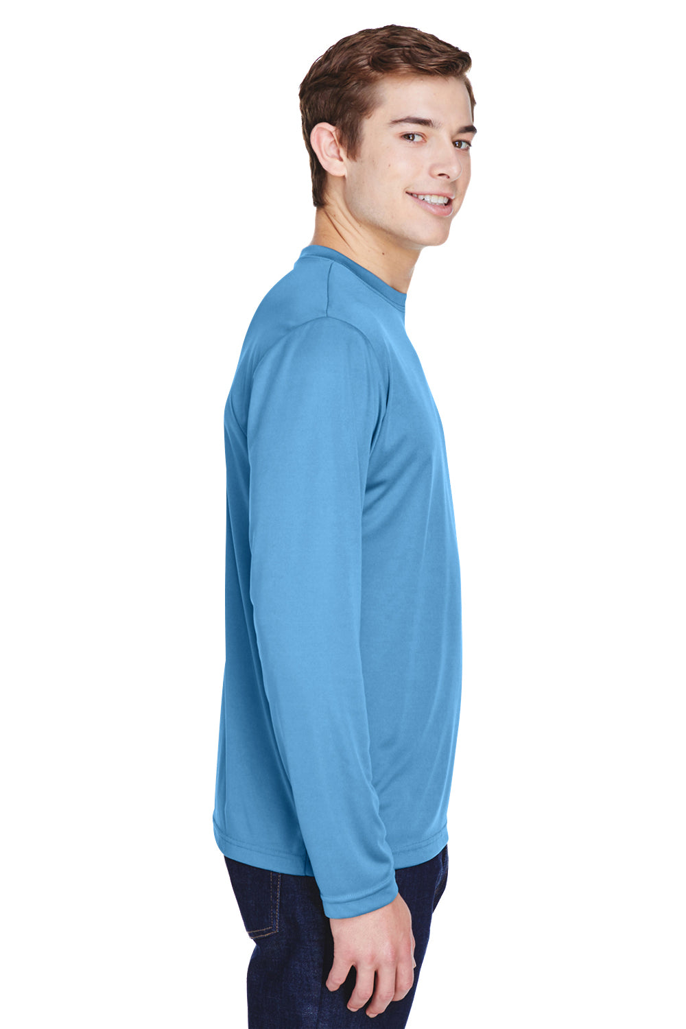 Team 365 TT11L Mens Zone Performance Moisture Wicking Long Sleeve Crewneck T-Shirt Light Blue Model Side