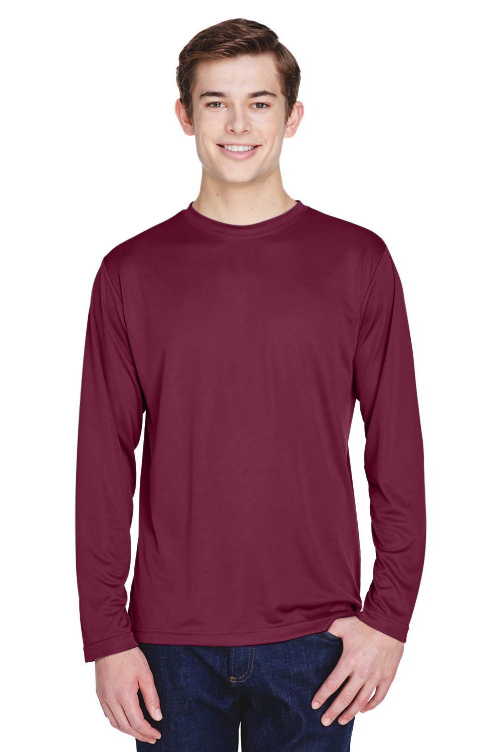 Team 365 TT11L Mens Zone Performance Moisture Wicking Long Sleeve Crewneck T-Shirt Maroon Model Front