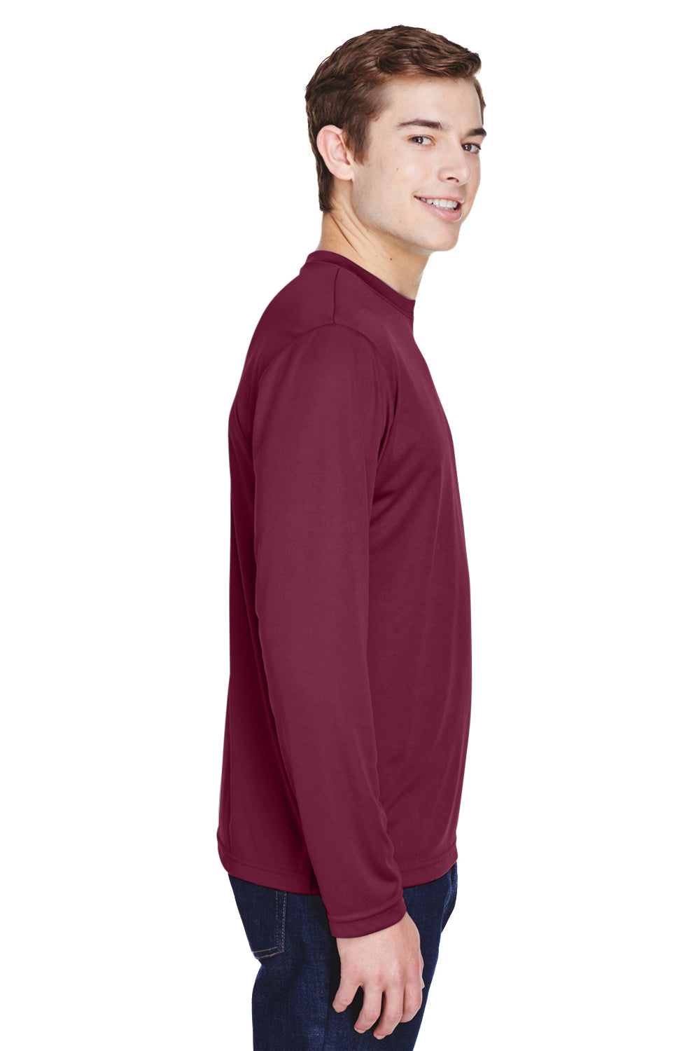 Team 365 TT11L Mens Zone Performance Moisture Wicking Long Sleeve Crewneck T-Shirt Maroon Model Side