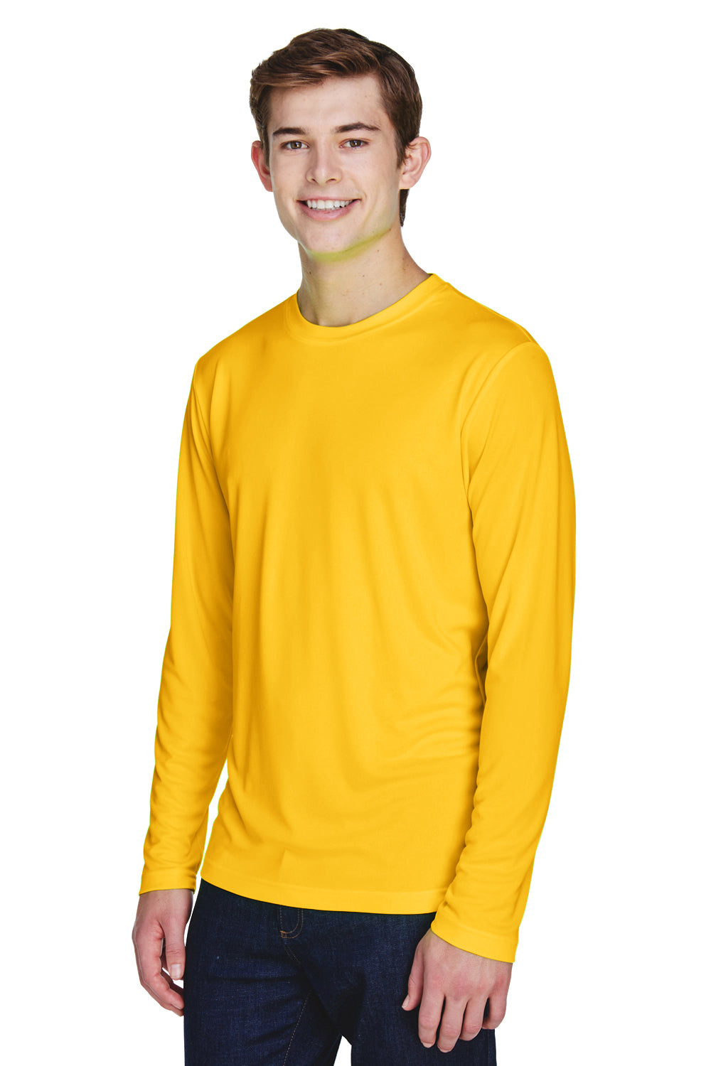 Team 365 TT11L Mens Zone Performance Moisture Wicking Long Sleeve Crewneck T-Shirt Athletic Gold Model 3q