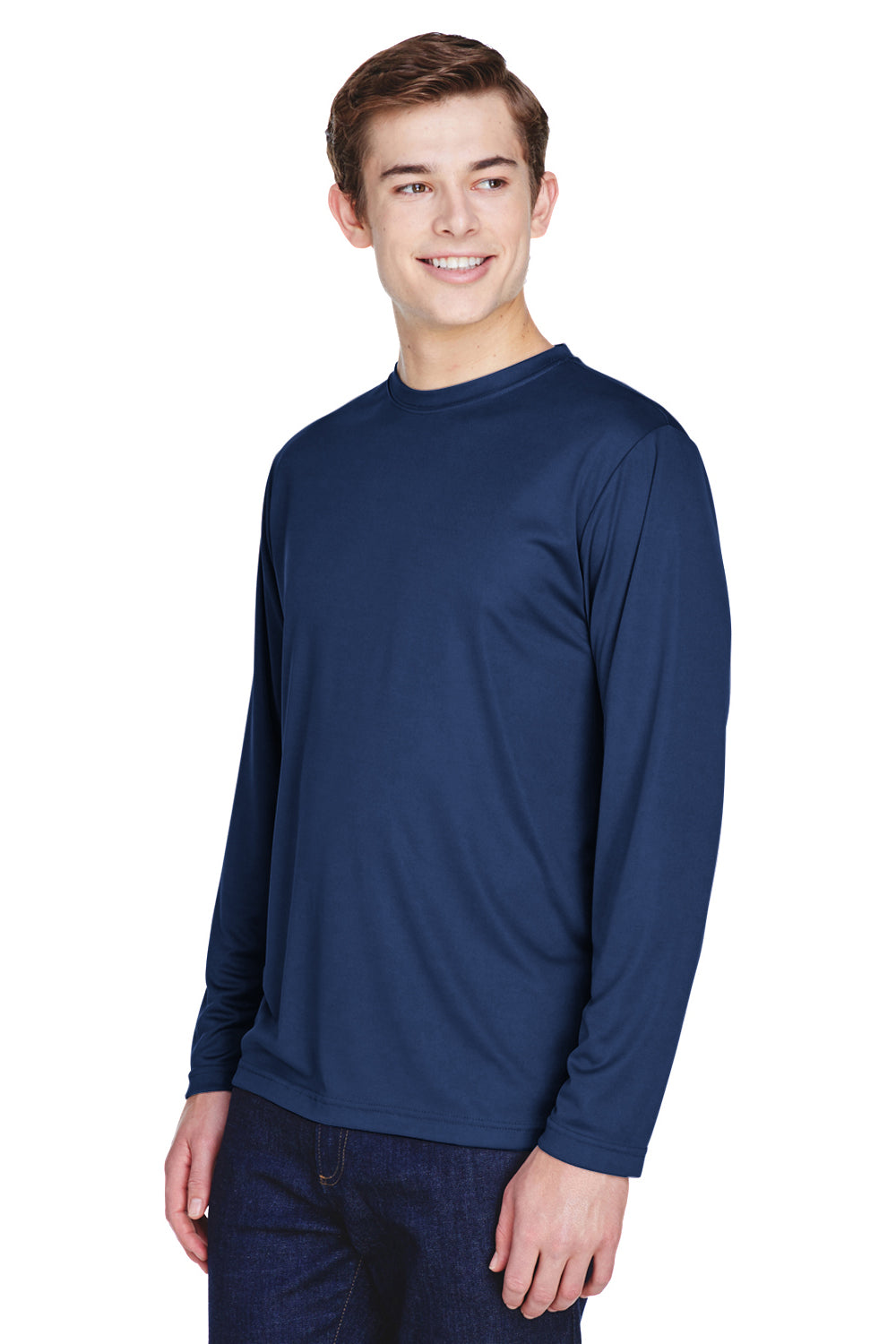 Team 365 TT11L Mens Zone Performance Moisture Wicking Long Sleeve Crewneck T-Shirt Dark Navy Blue Model 3q