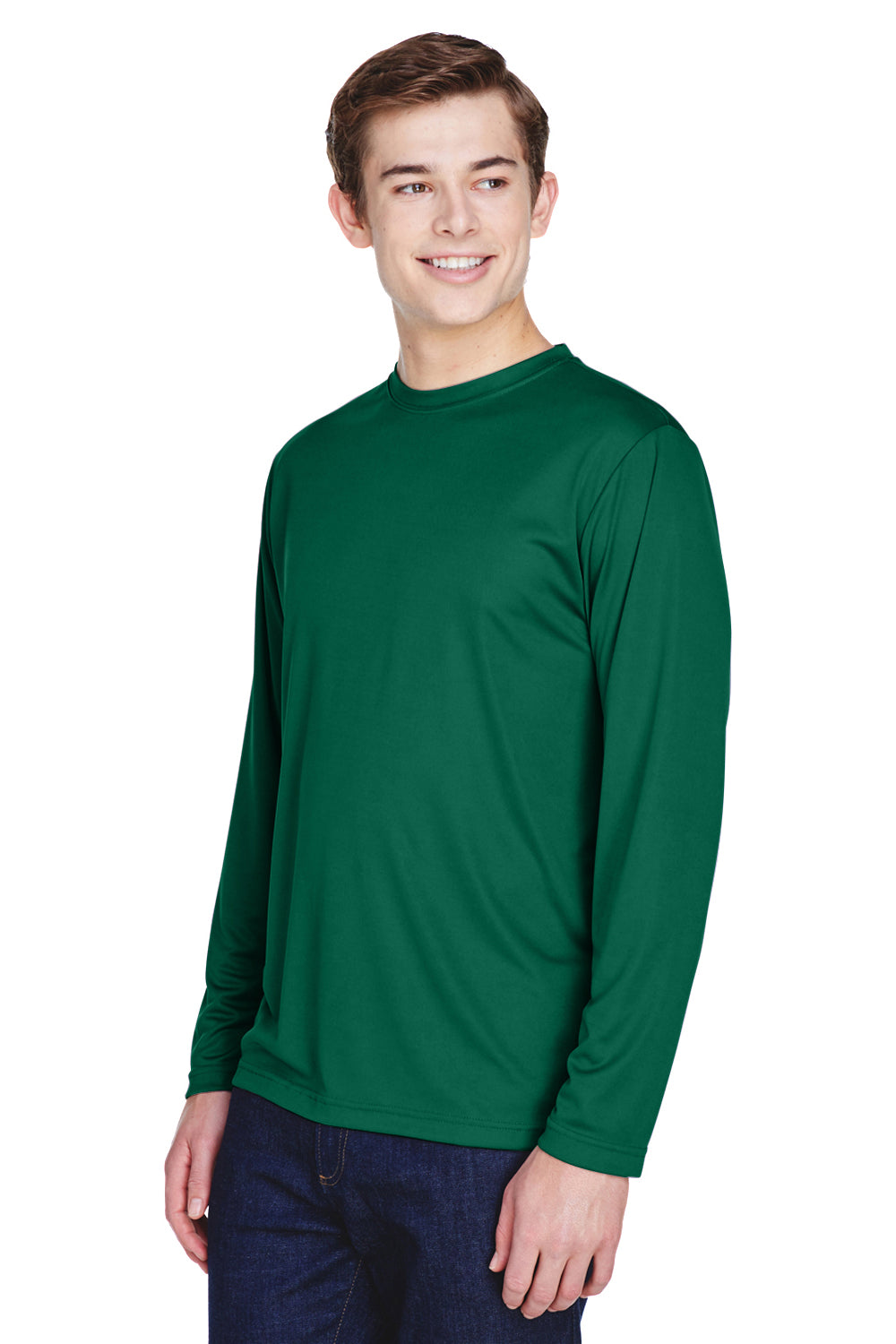 Team 365 TT11L Mens Zone Performance Moisture Wicking Long Sleeve Crewneck T-Shirt Forest Green Model 3q