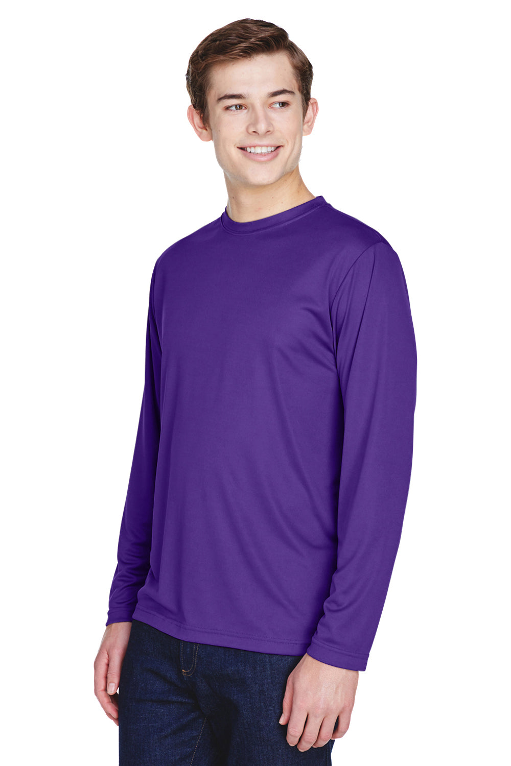 Team 365 TT11L Mens Zone Performance Moisture Wicking Long Sleeve Crewneck T-Shirt Purple Model 3q