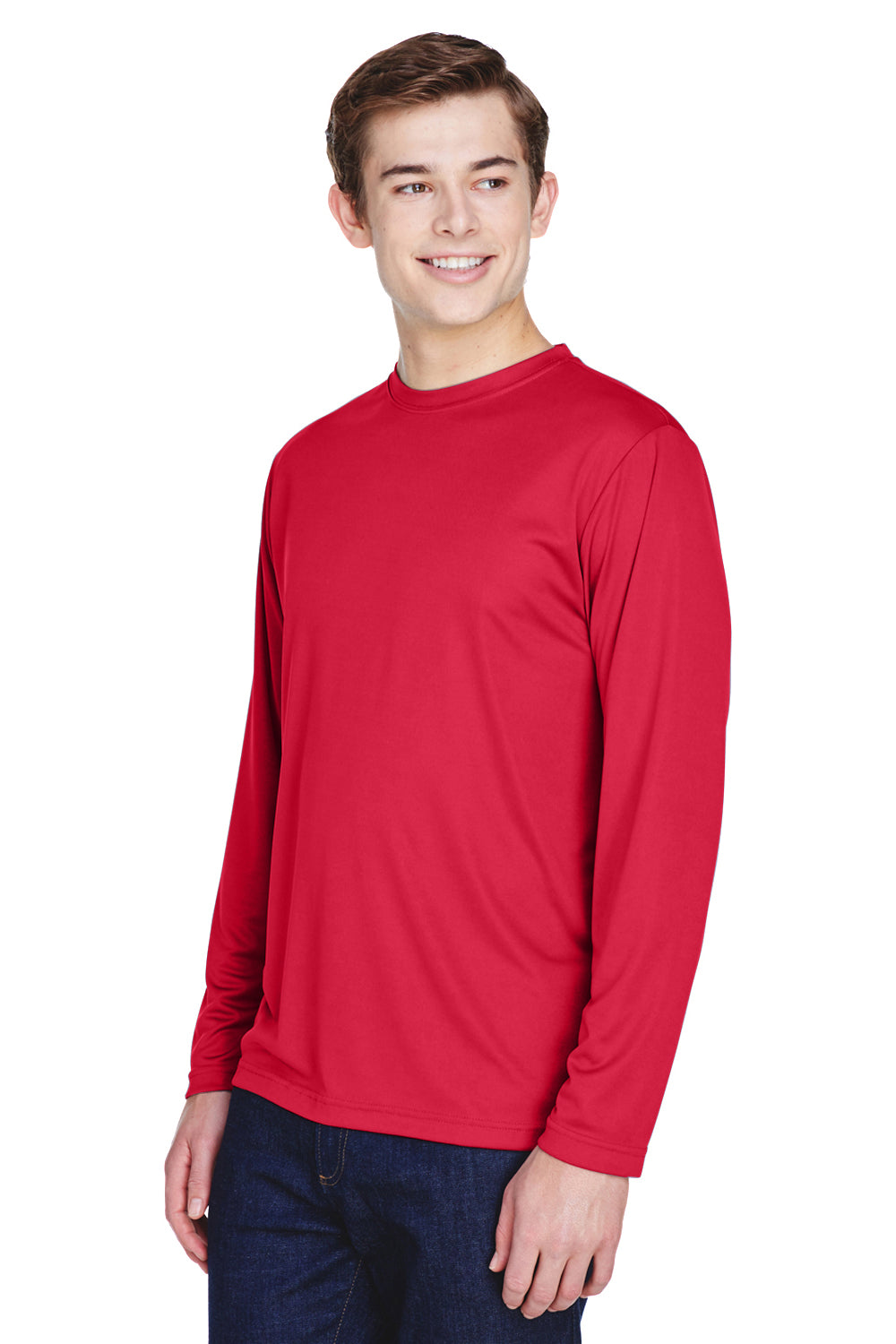 Team 365 TT11L Mens Zone Performance Moisture Wicking Long Sleeve Crewneck T-Shirt Red Model 3q