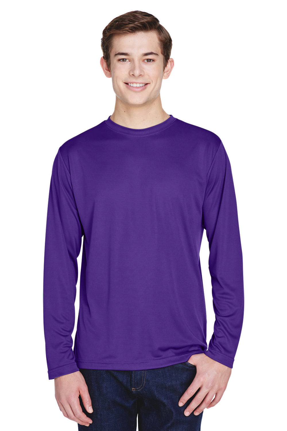 Team 365 TT11L Mens Zone Performance Moisture Wicking Long Sleeve Crewneck T-Shirt Purple Model Front