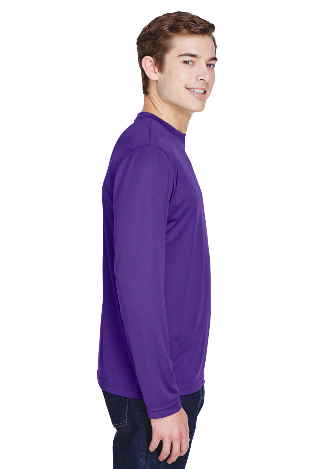 Team 365 TT11L Mens Zone Performance Moisture Wicking Long Sleeve Crewneck T-Shirt Purple Model Side